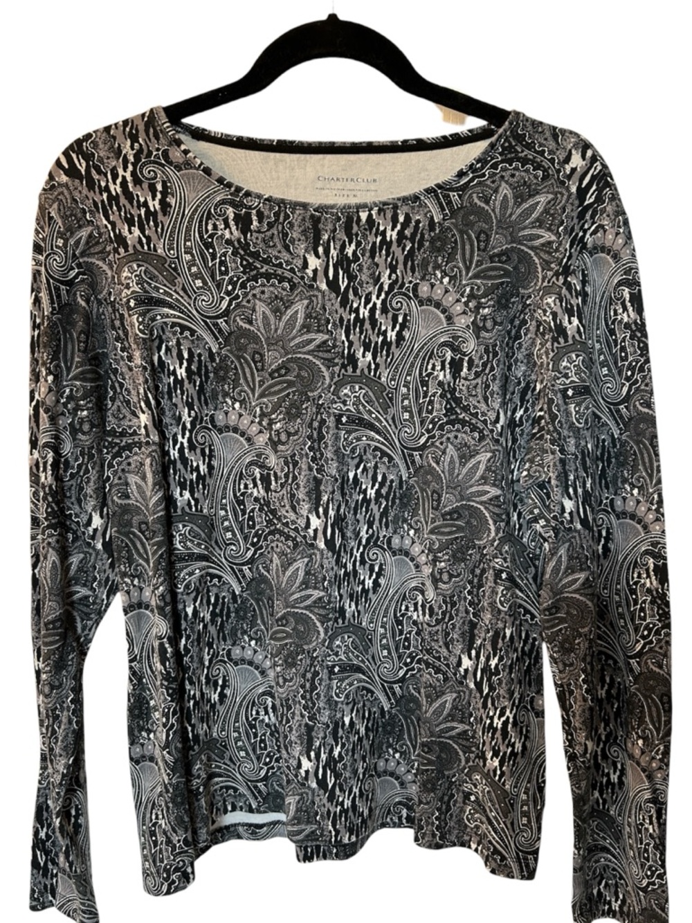 💎5/$25 Charter Club Black Gray Paisley-Print Long Sleeve Top x large cotton